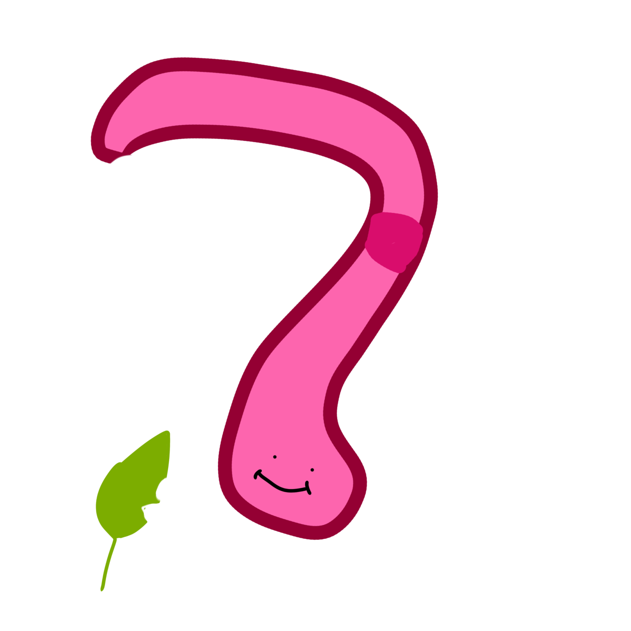 a pink earthworm with a darker pink saddle in the middle of its body. it  has a chubby smiley face, no bands, and a leaf with a bite taken out of it nearby. 